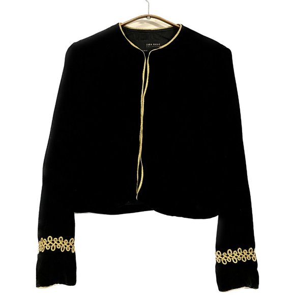 Zara Jackets & Blazers - ZARA Velvet Jacket Women Small Black Gold Braided Appliqué Trim Military Crop
